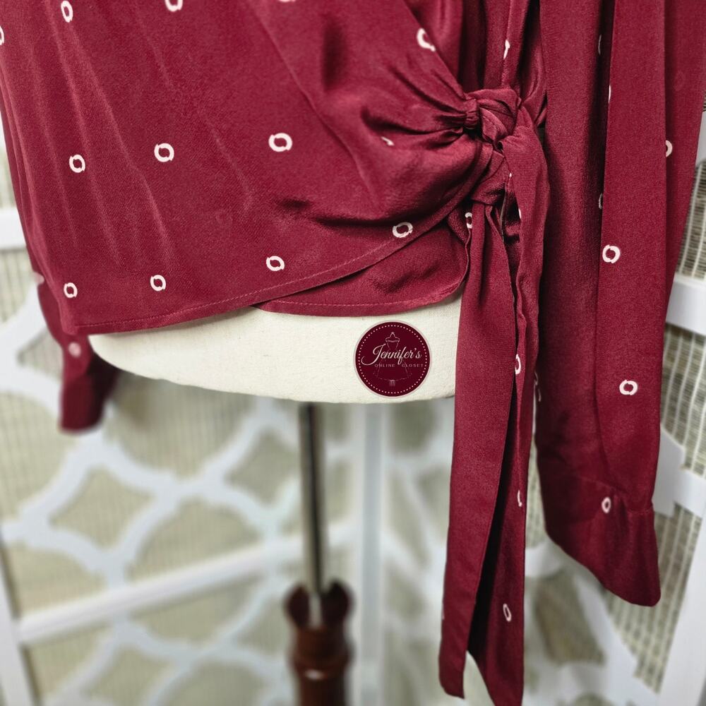 J. Crew Burgundy Maroon Wine Silk Long Sleeve Wrap Blouse Size Large - Picture 7 of 13